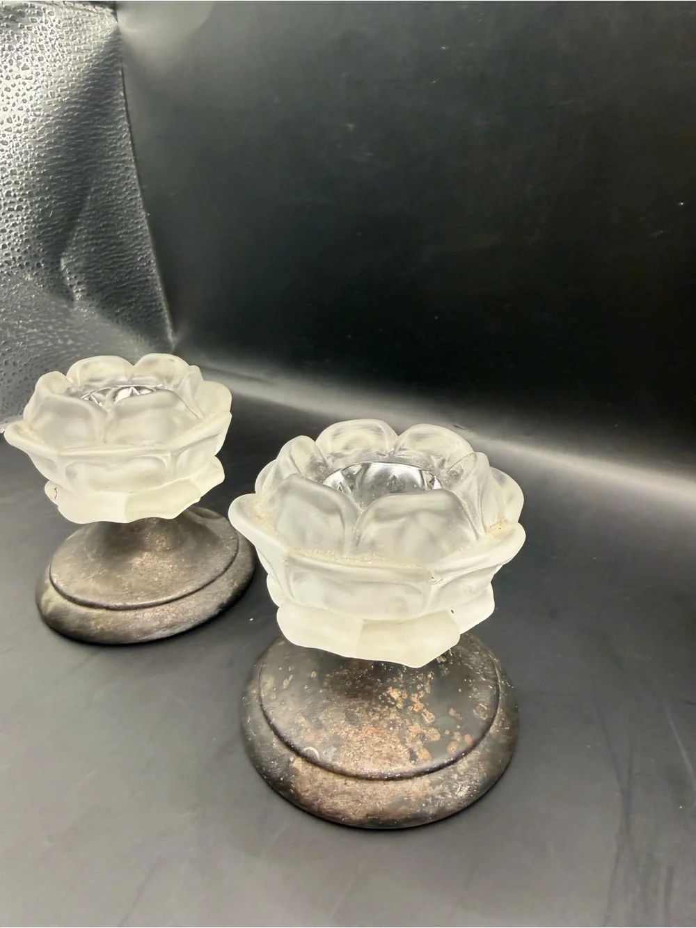Pair Frosted Glass Flower Tealight Candle Holders Vintage Style